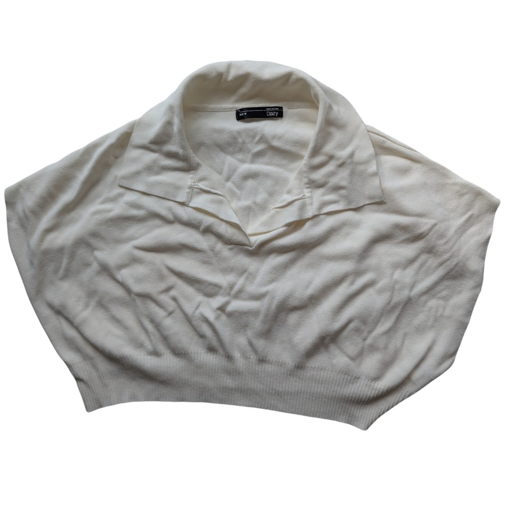 Womens White Knit Polo Sweater Vest Cropped Batwing Short Sleeve Size M